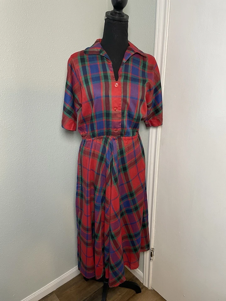 复古 50 年代 60 年代蓝色红色格子女式家居连衣裙迷笛纽扣 — 第 1/4 张图片