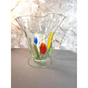 Hand Blown Clear Glass Ruffled Pedestal Vase with Red, Yellow, Blue, Green - Picture 1 of 9