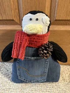 Handmade Vintage Chenille Bedspread Penguin Blue Jean Red Scarf Christmas - Picture 1 of 1