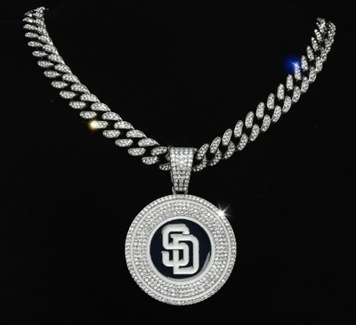 San Diego Padres Gem Chain Necklace 24" Gold Silver Pendant 3.5"x3" Fan Jewelry - Image 1 of 4