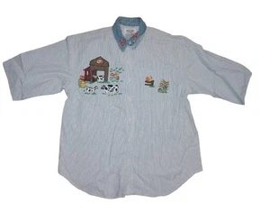 Vintage 90s Solutions Original Embroidered Farm Animal Striped Cotton Shirt Med - Bild 1 von 10