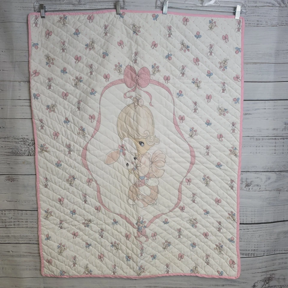 Manta Edredón Bebé Rosa Precious Moments Vintage Conejito Niña Blanco Rosa 33.5x42 Foto 1 de 4