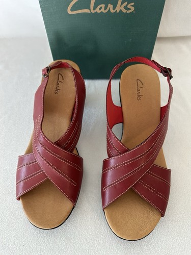 Sandalo donna Clarks rosso cacao ciliegia pelle tacco a blocco punta aperta taglia 9