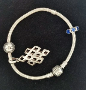 PANDORA Sterling Silver Snake Bracelet with 3 Sterling Silver Charms -Size 7.25" - Picture 1 of 6