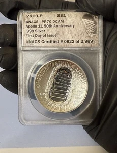 2019 P ANACS PF 70 DCAM APOLLO 11 50TH ANNIVERSARY SILVER DOLLAR 1st Day Issue - Picture 1 of 3