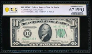 AC 1934C $10 Saint Louis FRN PCGS 67 PPQ Fr 2008-H - Picture 1 of 2