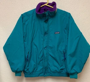 Patagonia Vintage Kids Fleece Lined Teal Jacket Sz 14 Missing One Snap Button - Picture 1 of 11