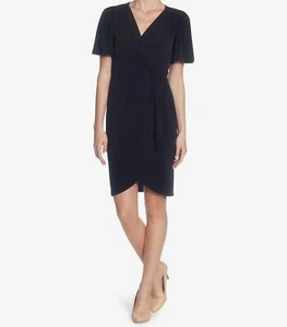 $128 Catherine Malandrino Women's Black V-Neck Flutter Sleeve Wrap Dress Sz M - Picture 1 of 2