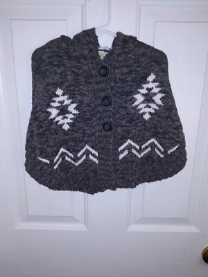 Oshkosh Hooded Sweater Knit Poncho Girls Size 12 Months Gray Aztec Button Up - Image 1 of 4