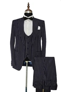 Men Blue Stripes Suit Designer Grooms Wedding Dinner Suits (Coat+Vest+Pants) UK - Picture 1 of 4