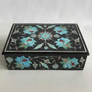 Joyero de baratija de mármol negro de 6"x4"x2" con incrustaciones de piedras múltiples decoraciones para aderezar - Imagen 1 de 8