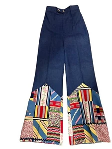NOS Vtg 70s Womens Hi Wst Jeans Patchwork Bell Bottom Pants Brushed Cotton Denim - Picture 1 of 16