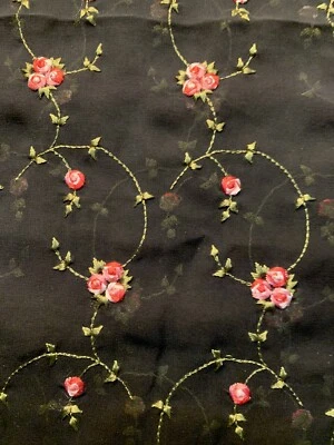 Remnant  Elegant Vintage Black  Sheer Embroidered flower  Lace Fabric ~ - Image 1 of 2