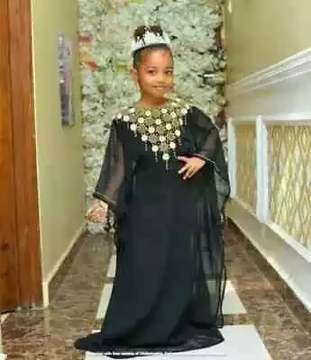 Moroccan Stylish Wedding Hand Work Kaftan Ramzan Eid Kids Long Black Georgette - Image 1 of 3