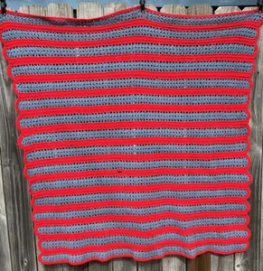 Red Gray Afghan Crochet Throw Blanket 57 x 54 Handmade Imperfect - Picture 1 of 7