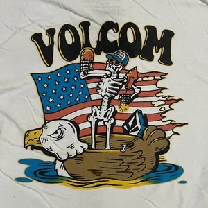 Volcom Stone T-Shirt White with Patriotic Skeleton Logo Short Sleeve Boys Med - Picture 1 of 5