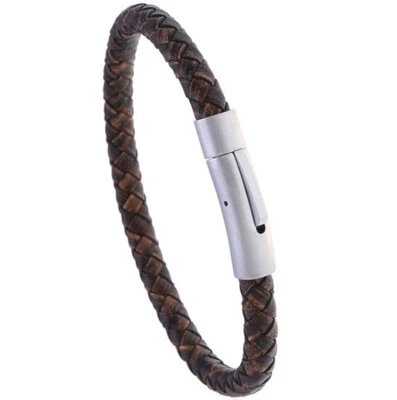 MEN/Women 6 mm Brown Braided Genuine Leather Wristband/Leather Bracelet 8"-8.8" - Imagem 1 de 4