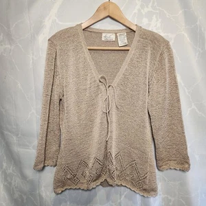 Kathy Lee Collection Crochet Knit Open Front Tie Cardigan Women's L Tan/Gold - Picture 1 of 7