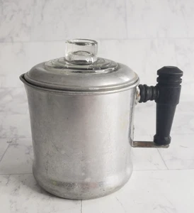 Vintage 1 bis 2 Tassen Aluminium Kaffeekanne Holzgriff Glasplatte Knopf ohne Korb - Bild 1 von 9