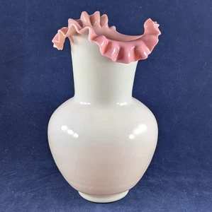 Victorian Era Pink & White Cased Blown Glass Vase With Ruffled Rim - Picture 1 of 4