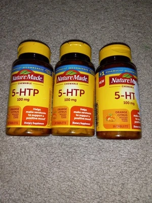 3 comprimidos masticables Nature Made 5-HTP 100 mg cada uno exp 1/25 estado de ánimo positivo Foto 1 de 3