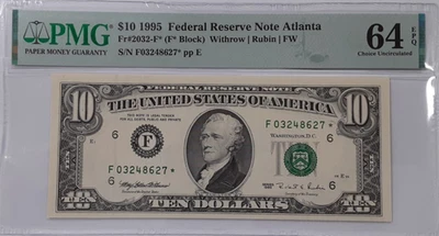 1995 $10 FRN Atlanta District From BEP Sheet Fr. 2032-F* PMG Ch. UNC 64 EPQ - Image 1 of 2