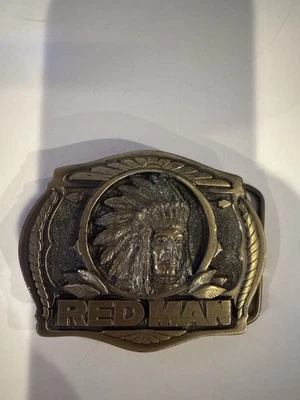 Vintage 1988 Red Man Tobacco Belt Buckle Brass Tone Native Chief USA - Image 1 of 4