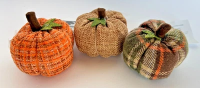 GIFTCRAFT Gift Craft Set 3 Small Stuffed Cloth Pumpkin Fall Decor Orange Brown Plaid 3x2