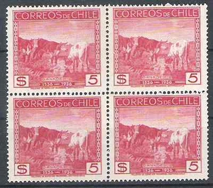 CHILE 1936 5 pesos red block of 4 MNH Cows - Picture 1 of 1