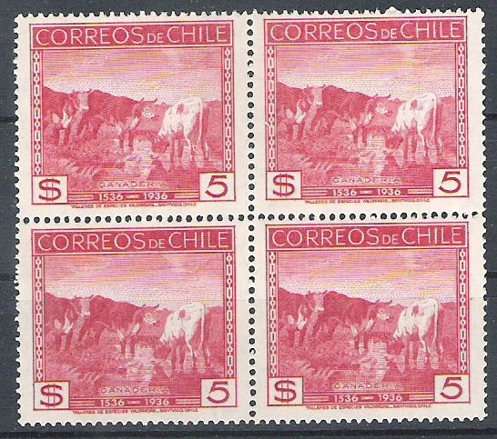 CHILE 1936 5 pesos red block of 4 MNH Cows - Image 1 of 1