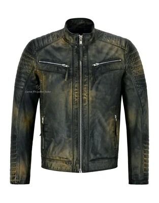 Mens Real Leather RACER Jacket Navy Rust Beige Quilted Shoulder Biker Style 2565 - Image 1 of 4