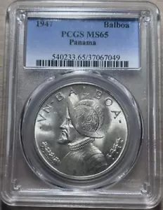 :1947 1-BALBOA PANAMA GEM BU PCGS MS65 BLAST WHITE RARITY R5 LOW POP HIGH GRADES - Picture 1 of 4