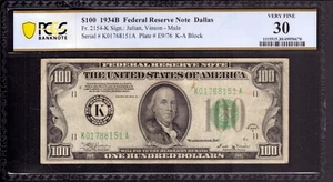 1934 B $100 FEDERAL RESERVE NOTE DALLAS FR.2154-K PCGS B VERY FINE VF 30 - Picture 1 of 4