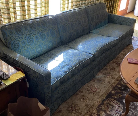 Mid Century Modern Sofa Couch MFG By  Parlorlounge Anaheim CA Teal Green Brocade Cover