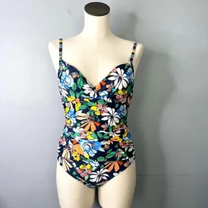 Traje de baño de una pieza multi floral azul marino Surplice rápido y fresco Ellen Tracy talla 6 - Imagen 1 de 12