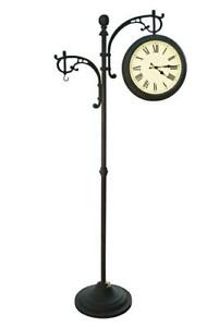 Outdoor Patio Garden Double Face Weather Gauge Pedestal Clock Analog Thermometer