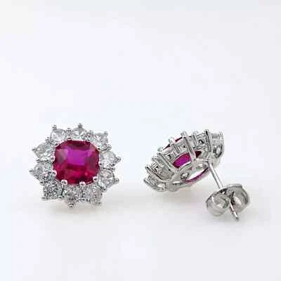 Square Ruby +Cubic Zircon Halo Stud Earrings Gemstone 925 Sterling Silver - Image 1 of 3