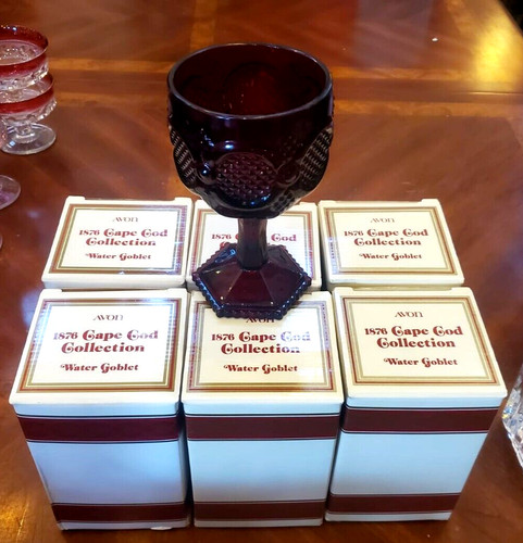 6 Vintage Avon Cape Cod 1876 Ruby Red Glasses Large Water Wine Goblet In Boxes