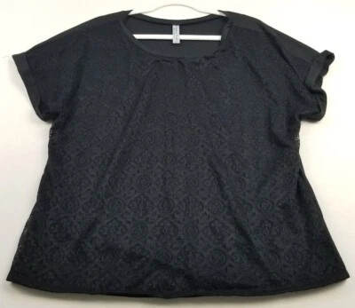 PerSeption Concept Blouse Women’s XL Black Lace Scoopneck Short Sleeves Stretch - Image 1 of 4