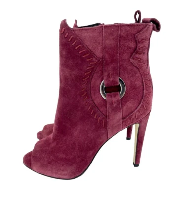 Botas de tornozelo Rebeca Minkoff couro camurça borgonha peep toe tamanho 7.5 novas SH02 - Imagem 1 de 4