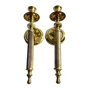 Par de candelabros de pared de columna de latón macizo vintage 13" Hollywood LEER - Imagen 1 de 20