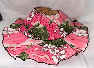 Vintage Thai Hat Wide Brim Floral Pink Bamboo Travel Foldable Hand Fan Sun - Picture 1 of 8