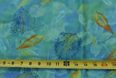 Por 1/2 Yd, Azul Verde Naranja Amarillo Hojas Algodón, Fabri-Edredón/Reflejos N5820 Foto 1 de 4