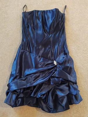 Jessica McClintock Gunne Sax 1990s Dress Blue Satin Ruched Ruffle Strapless Sz 7 - Image 1 of 3