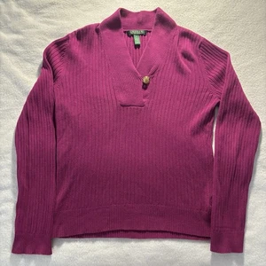 Suéter Lauren Ralph Lauren M Mujer Púrpura Cuello en V Tejido Algodón Dorado Botón Logo - Imagen 1 de 8