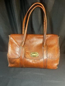 Bolso de mano de cuero marrón vintage hecho a mano cierre de bloqueo asas dobles - Imagen 1 de 13