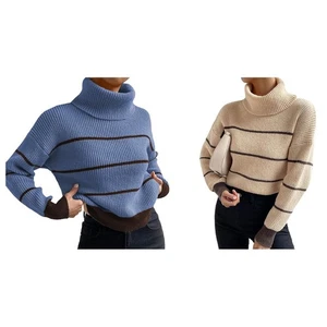 Women Casual High Collar Stripe Knitted Sweater Pullover Autumn Winter Top - Picture 1 of 16
