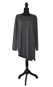 A6 NEW EILEEN FISHER Grey Merino Wool Black Trim Hi-Lo Hem Long Sweater Size L - Picture 1 of 6