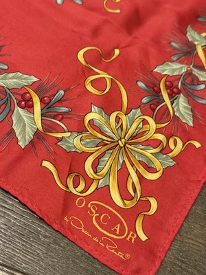 Oscar De La Renta Scarf Red Floral Square Silk  Christmas Holiday Holly Bells - Image 1 of 4