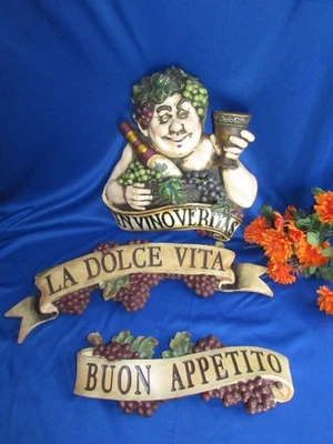 VTG 3 SET DESIGN TOSCANO ABBONDANZA RESIN WALL HANGINGS IN VINO VERITAS, BUON AP - Image 1 of 4